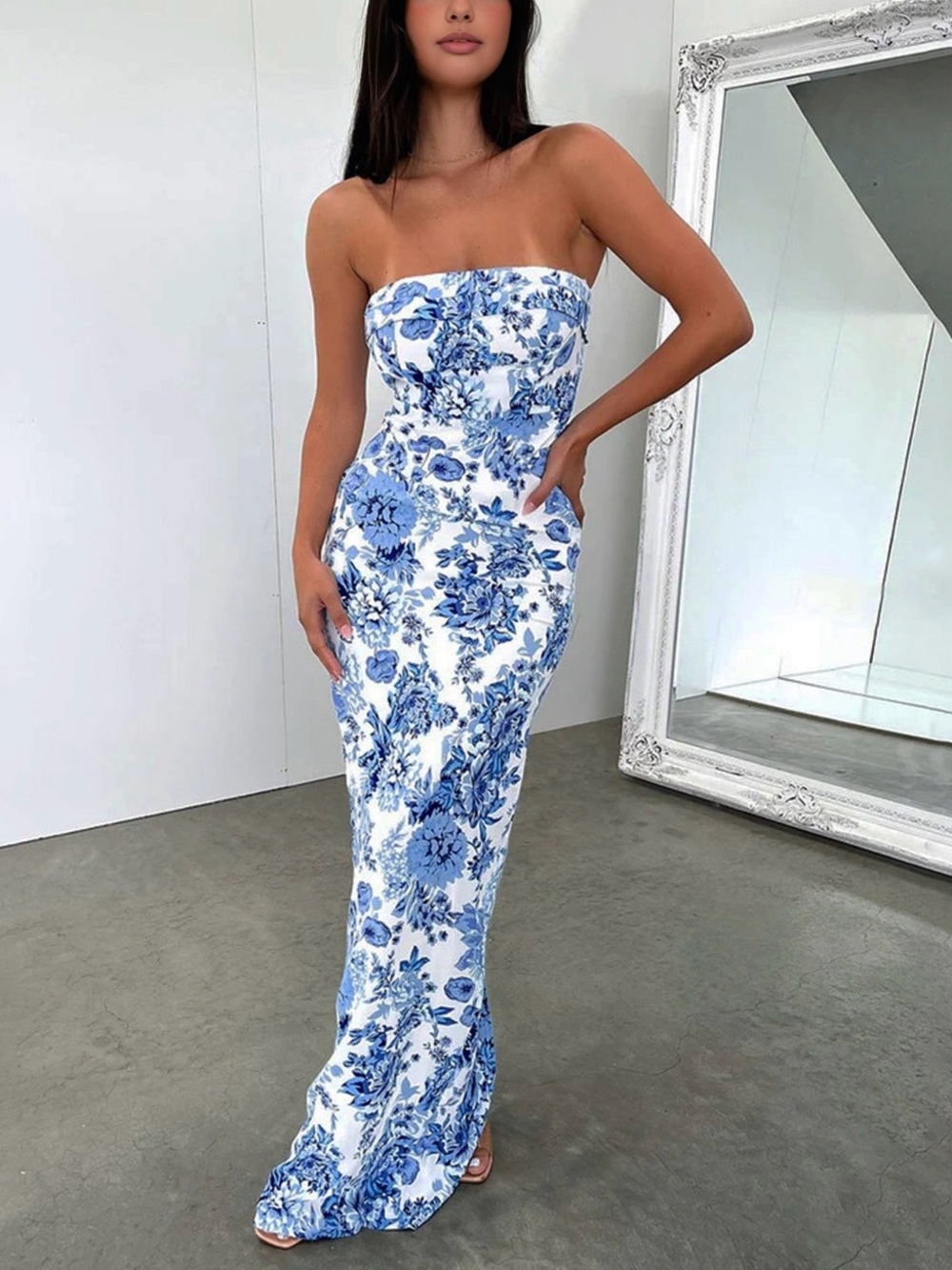 Commense Blue White Floral Strapless Maxi Dress Cottagecore Resort Wear XL